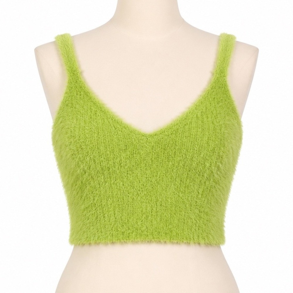 Social Tourist Fuzzy Eyelash Knit Crop Sweater Tank Lime Green Y2K Festival XS